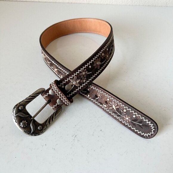NEW Lane Boots LANDRUM Western Belt M Embroidered Brown Leather Southwest Cowboy - Picture 9 of 11